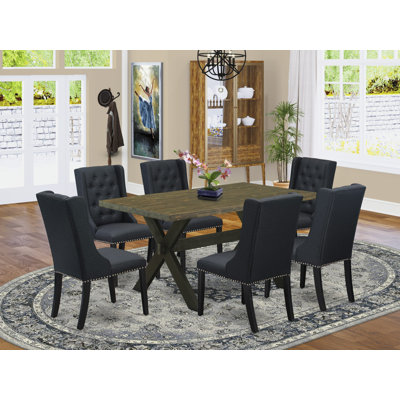 7 Piece Dining Table Set Consist of a Rectangle Dining Room Table with X-Legs and 6 Black Linen Fabric Upholstered Parson Chairs, Wire brushed Black