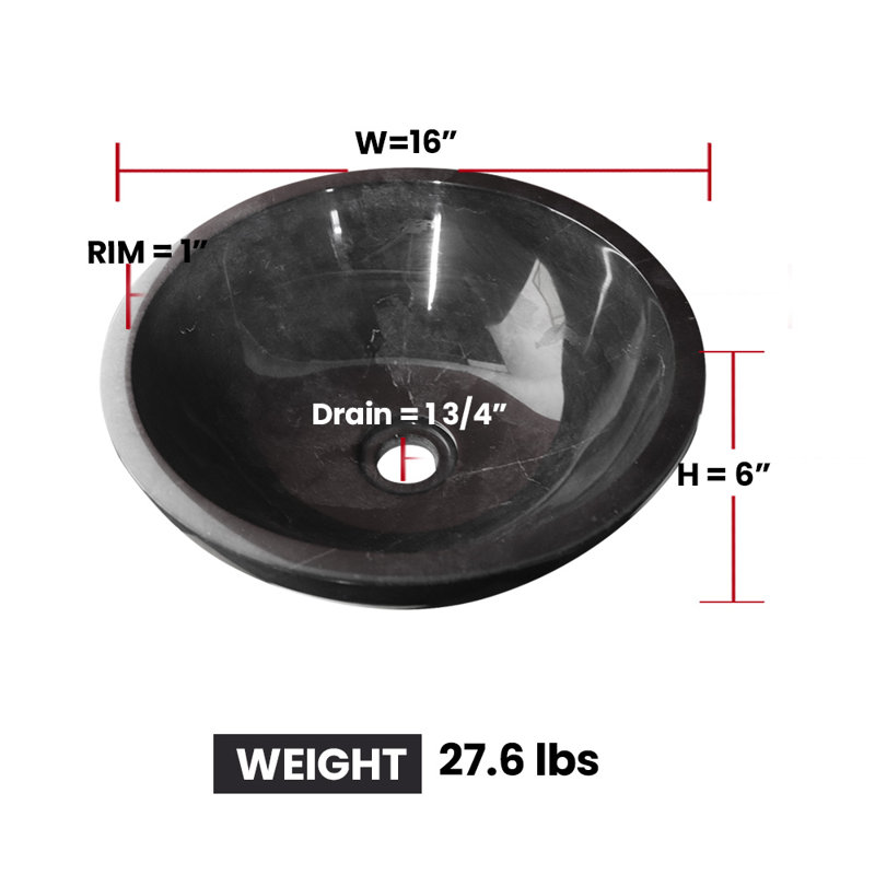 Lavabo vasque rond en marbre noir de 16 po - Lavabo en pierre naturelle - Lavabo moderne poli, Noir