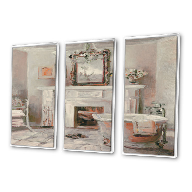 «French Bath La Baignoire II», ensemble d'art mural sur toile traditionnel encadré de 3, 20" H x 36" W x 1" D, Cadre blanc