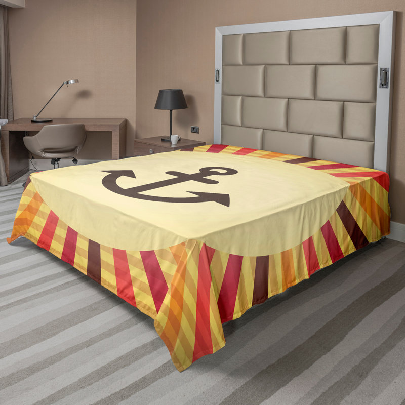 Ambesonne Vintage Top Flat Sheet Pop Art Sailing Anchor Cream Red Orange, King Flat Sheet