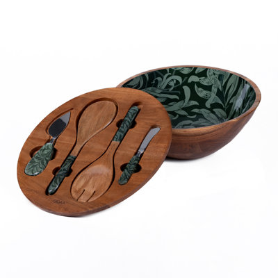 Wood Salad Bowls with Herringbone inlay on wood Lid and Wood tools - Dark