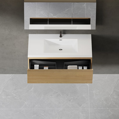 Ensemble de meuble-lavabo flottant 42 po avec lavabo, meuble de rangement mural moderne à rayures avec tiroir à fermeture en douceur et lavabo à surface solide blanc brillant, 24V16-42NOW