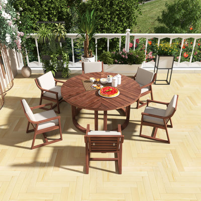 7-Piece Outdoor Round Dining Set, Solid Wood Table With 6 Padded Chairs, Rustic Style With Umbrella Hole, Suitable For Gardens And Patios