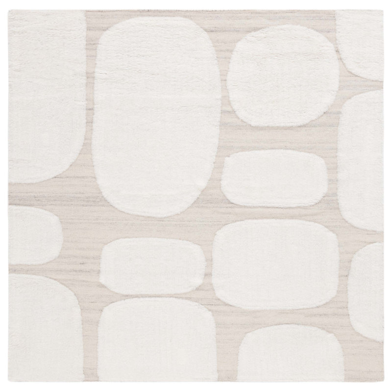 Tapis ivoire / beige en laine et coton tissé à plat à la main Brogun, Carré 6 pi