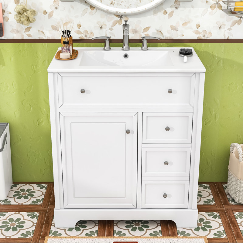 Meuble-lavabo simple autoportant élégant en bois avec lavabo en céramique et grand rangement, Blanc