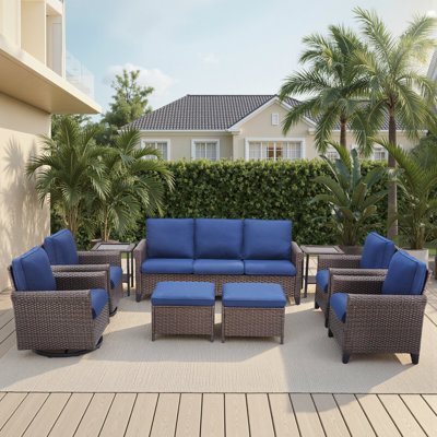 Ensemble de conversation pour famille 7 à 9 personnes en osier avec chaises pivotantes, repose-pieds et tables d'appoint
