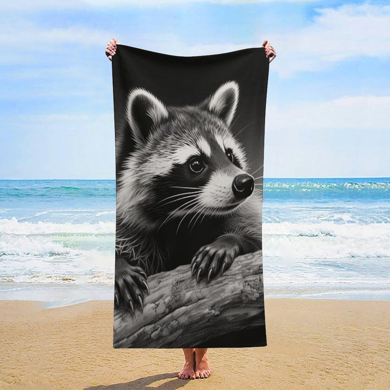Serviette de plage en microfibre à séchage rapide et raton laveur noir, 60 x 80 po