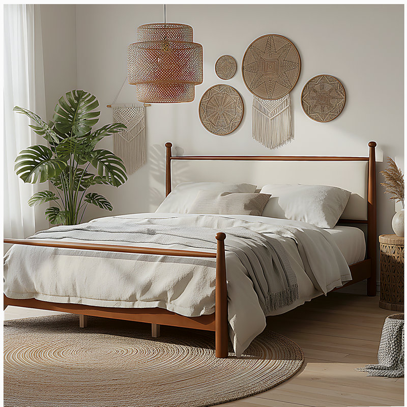 Solid Poplar & Plywood Bed Frame with Upholstered Headboard, King