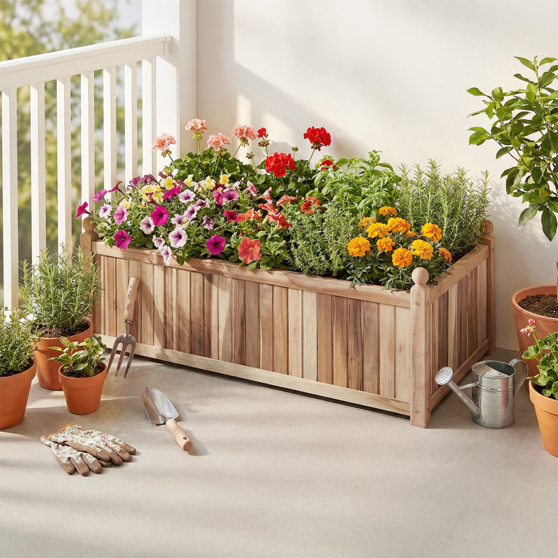 2 PCS Natural Acacia Wood Rectangular Planter Box with Liner Drainage Indoor Outdoor Beige, 2