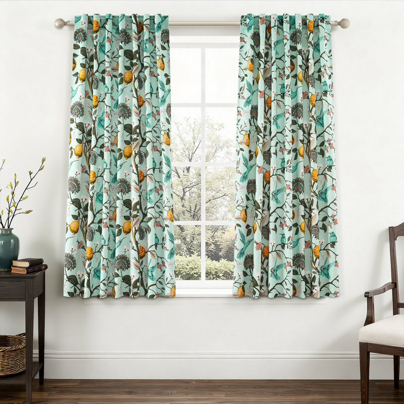 Fancy Hummingbird Patterned Room Darkening Curtain,Rod Pocket Back Tab Floral Drapes,Set of 2, 52" W x 63" L, MintGreen