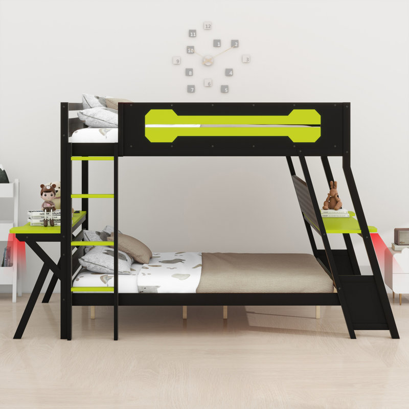 Multi-Functional Gaming Bunk Bed Built-In Dual Desk, USB Ports And Pegboard Storage, Green