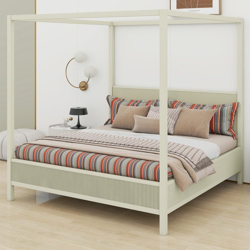 Élégant lit plateforme à baldaquin en bois avec lattes de soutien, King, Beige