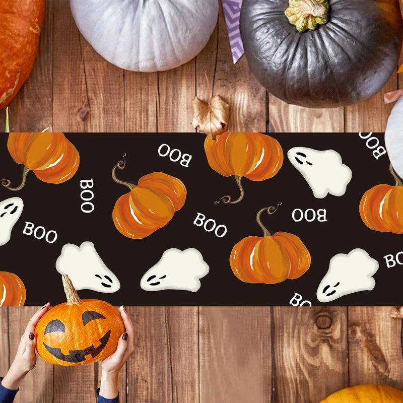 Halloween Table Runner Black, 13 x 72 Inch Painting Ghost Pumpkins Boo Table Runner, Seasonal Fall Holiday Kitchen Dining Polyester Table Line for Home Party Decor
