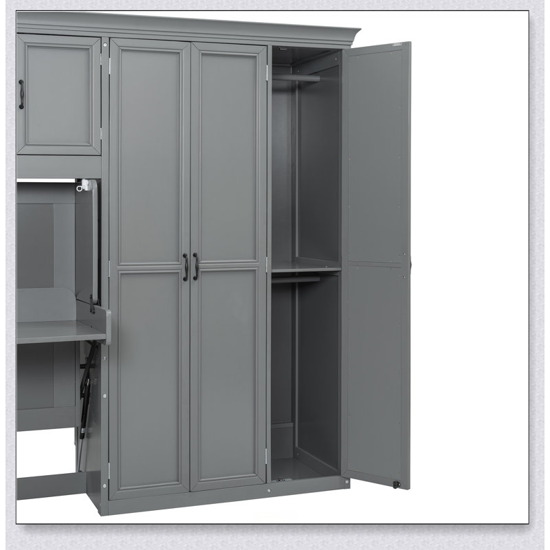 Murphy Bed Wall Bed With Wardrobe, Cabinet And Desk, Gray