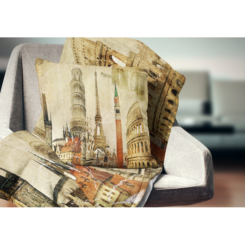 Carte postale rétro - coussin imprimé paysage urbain, 18 po x 18 po, Coussin décoratif