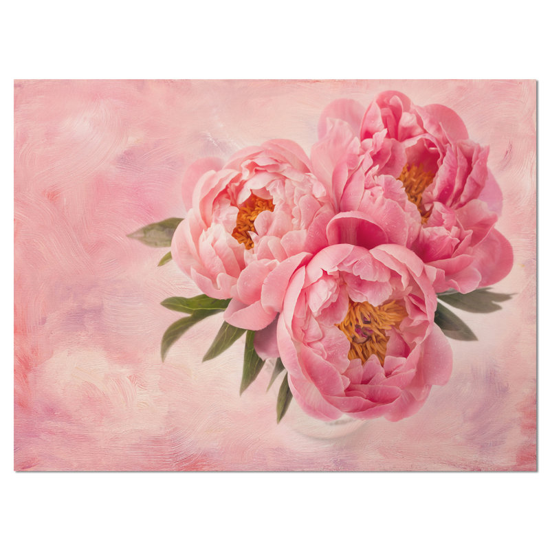 Peony Flowers in Vase on Pink - reproduction de photo sur toile tendue, H 30 po x l 40 po