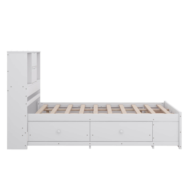 Platform Bed with Storage Headboard And 8 Drawers, Queen, White