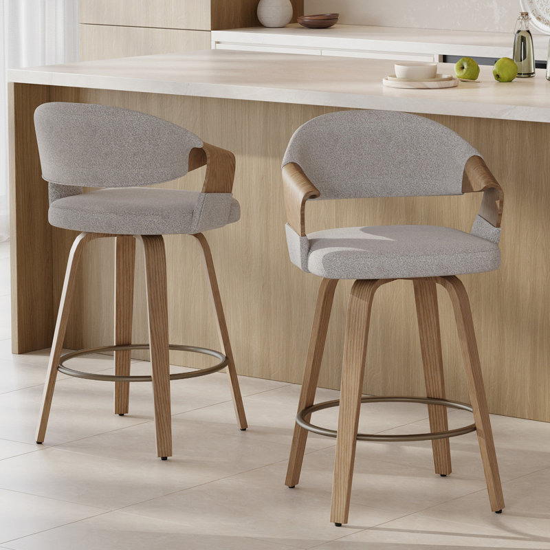 Tabouret de comptoir pivotant de style Mid-Century avec structure en bois cintré, Gris