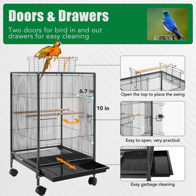Anandaraja 35 in. Iron Flat Top Floor Bird Cage with Wheels with Stand with Perch with Tray