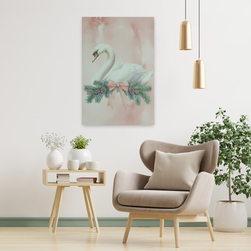 Art contemporain avec joli cygne rose, H 36 po x l 24 po