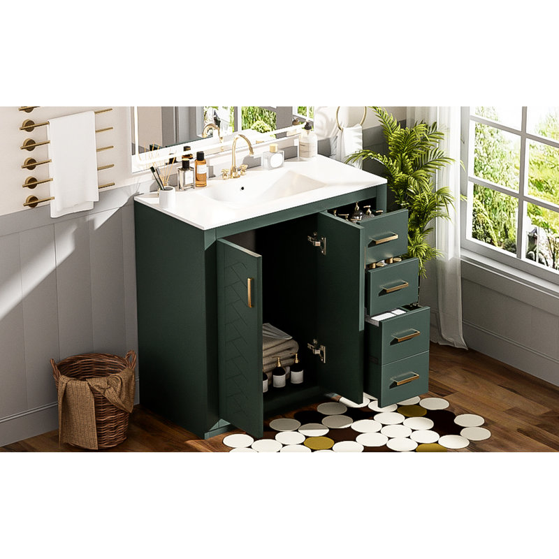 Meuble-lavabo de 36 po avec lavabo en céramique, bois massif et matériaux, trois tiroirs pour un usage quotidien, rangement dissimulé, planches de haute qualité de style moderne, mouvement de tiroir fluide, armoire polyvalente,