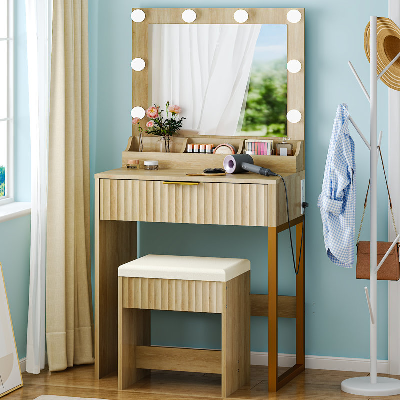 Dressing Table Set - 1 Drawer & 3 Compartments, 8 Dimmable Bulbs, Beige