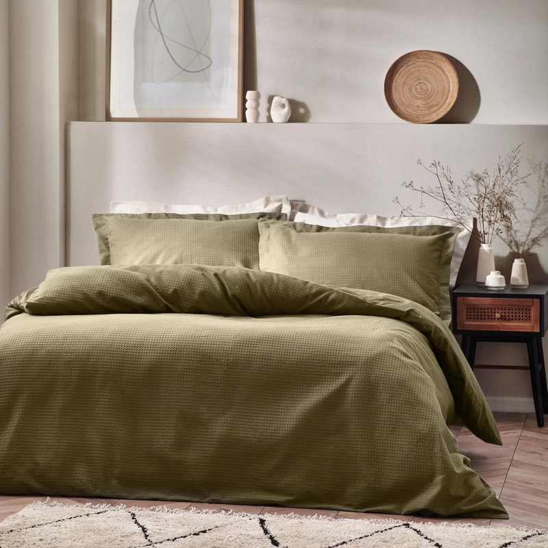 Waffle Textured 100% Cotton Duvet Cover Set, Single Duvet Cover + 1 Standard Pillowcase, Olive