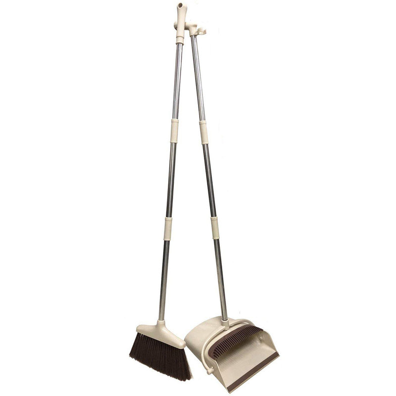 Adjustable Broom And Dustpan Set with Replaceable Head, Beige