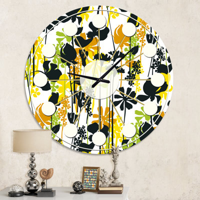 Summer meadow pattern, black silhouettes - Mid-Century Modern wall clock