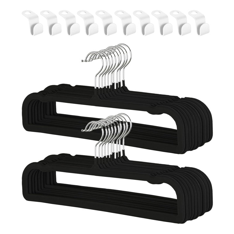 Paquet de 20 cintres en velours noirs antidérapants, cintres pour pantalons peu encombrants avec encoches d'épaule, crochets à 360 °, 10 connecteurs