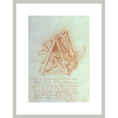 Étude de la structure en bois avec moule de coulée pour le cheval Sforza fol. «154v from the Codex Madrid II c.1491-93 (pen & amp; encre brune sur papier)» par Leonardo Da Vinci, impression giclée encadrée