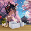 Murale fille et fleur de cerisier - scène de rue japonaise printanière vibrante, parfaite pour les fans d'anime, les chambres d'enfants et les espaces créatifs