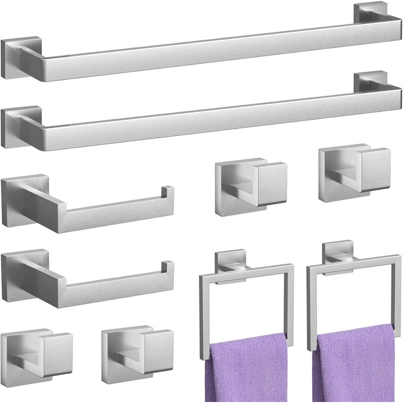 Bathroom Hardware Bundle, 10-Piece Wall Mounted Accessory Set with 23.6'' Towel Bars, Hooks, Rings and Paper Holders