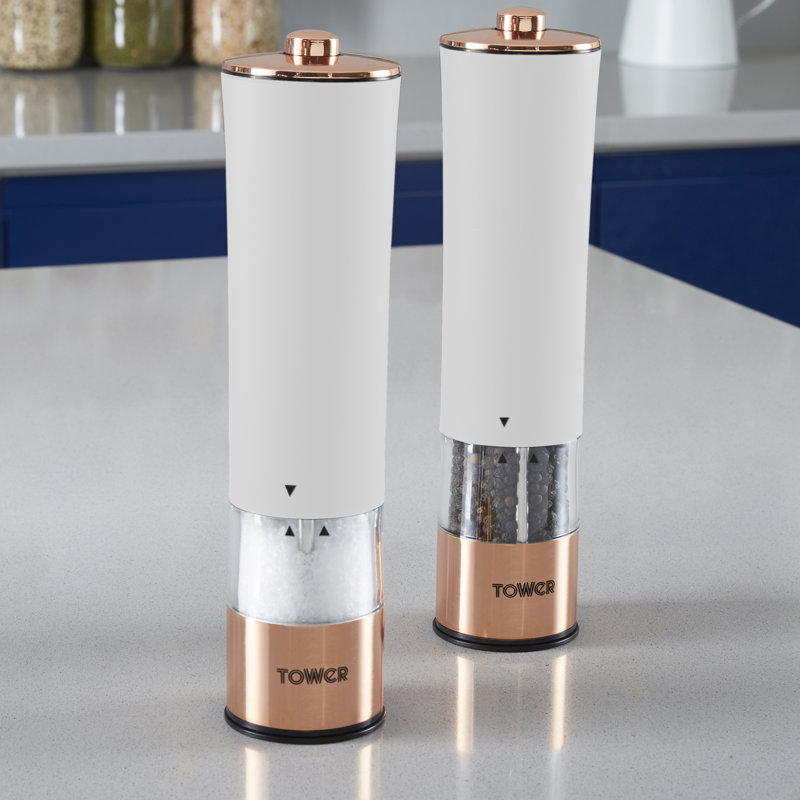 Tower Electric Salt and Pepper Mill, Stainless Steel, Soft-Touch Body, White