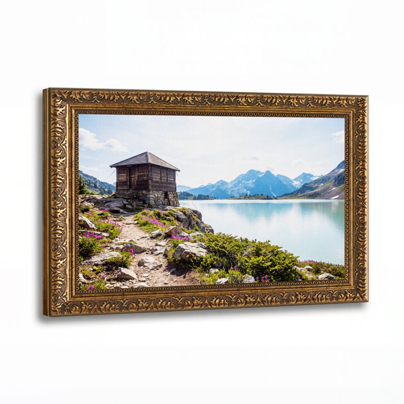 Tableau sur toile représentant un chalet alpin surplombant un lac turquoise et des montagnes, 16"H x 24"W