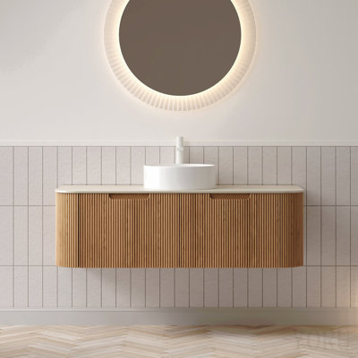 Meuble-lavabo 48 po avec meuble-lavabo 48 po, lavabo en contreplaqué rayé à bord arrondi avec 2 tiroirs, lavabo rond en céramique et plateau en pierre frittée à motif de travertin, pré-assemblé, couleur grain de bois naturel