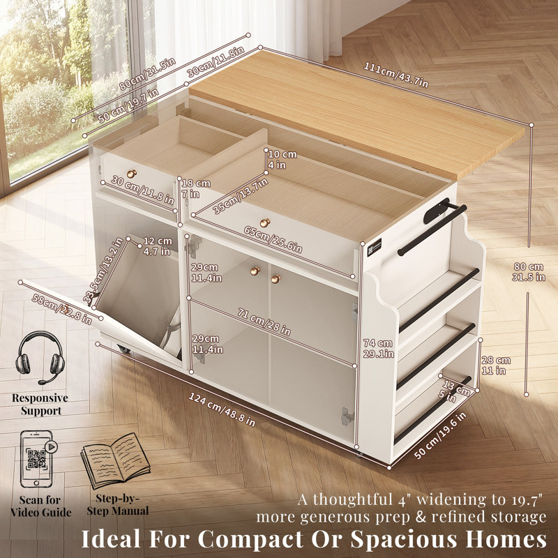 OMCHOM Marble Look Rolling Kitchen Island with Foldable Top, Power Outlet, 3-Tier Spice Rack, Paper Towel Holder, Towel Bar & Dual Drawers