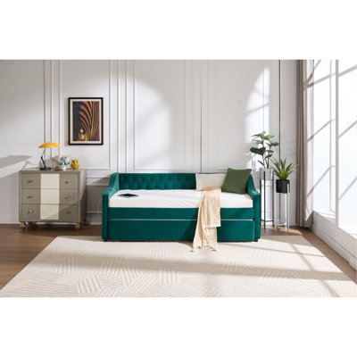 Twin Size Upholstered Daybed With Trundle,USB Port,Side Pockets,Velvet Daybed With Button On Back And Piping On Waved Shape Arms For Bedroom Guest Room