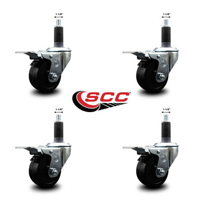 Hard Rubber Swivel 1-1/8 Inch Expanding Stem Caster Set Total Lock Brake