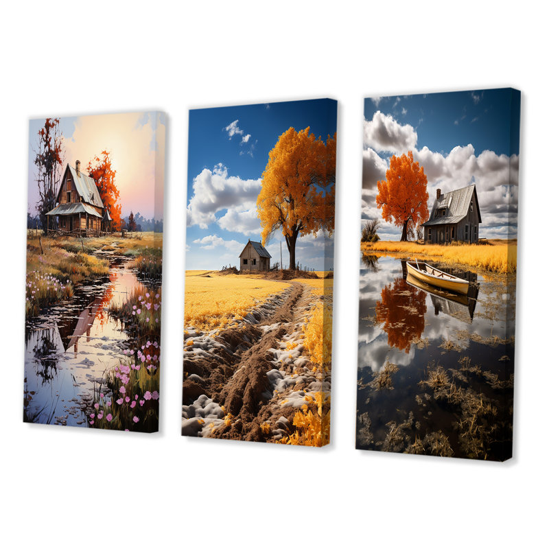 «Farmhouse Homestead Reflections Pointillism», 3 pièces sur toile, H 32 po x l 48 po, Toile tendue
