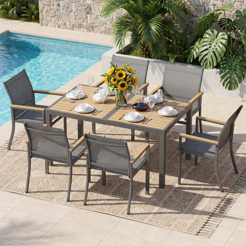 All Aluminum 7-Piece Outdoor Dining Set, 6-Person Outdoor Table and Chairs with Rectangular HDPS Top, All-Weather Patio Dining Set for Backyard, Deck, Garden