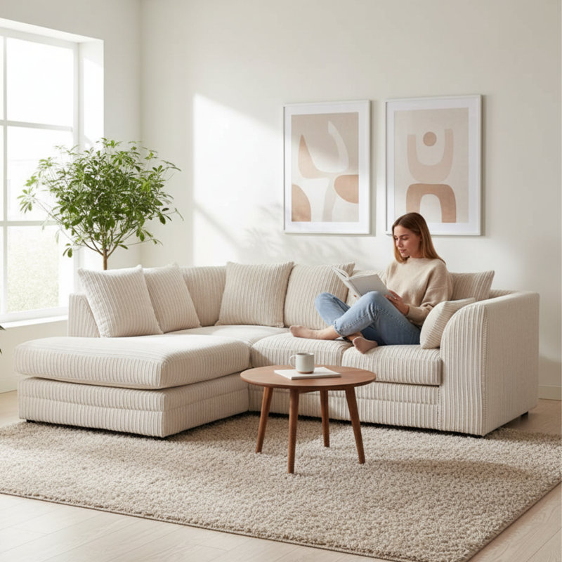 Jumbo Cord Upholstered Corner Sofa Small Back Cushion with Foot Stool , Cream, Left Hand Facing