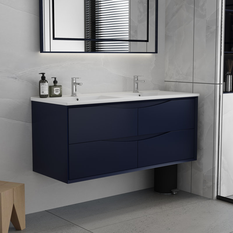 Ensemble de meuble-lavabo double 48 po avec deux tiroirs et éclairage DEL 48 po, Noir
