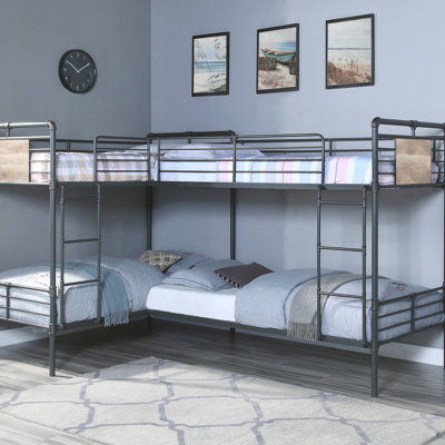 Cordelia Sandy Black, Dark Bronze Hand-Brushed Finish Quadruple Twin Bunk Bed With Metal Frame And Safety Guard Rails