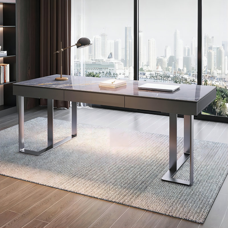 70.87"Gray Rectangular Sintered Stone Writing Desk,3-drawer, 29.76" H x 70.87" W x 31.5" D