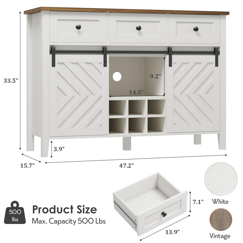 Rustic Farmhouse Sideboard Buffet Cabinet, Features Sliding Barn Door, Three Spacious Drawers, 33.5" H x 47.2" W x 15.7" D
