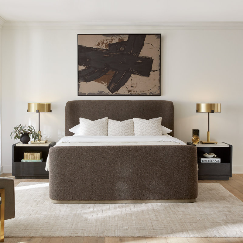 Avery Polyester Upholstered with Solid Wood Brushed Smoke Wood Finish King Bed, Queen