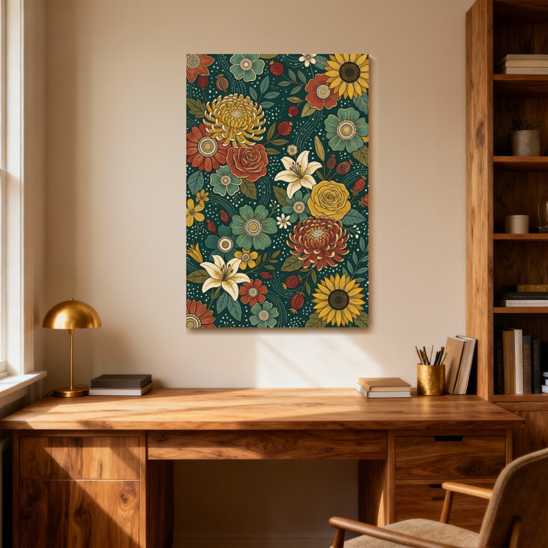 Motif floral de plantes et de fleurs aux couleurs vives et aux fleurs détaillées, H 48 po x l 32 po