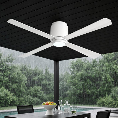 54'' ABS Blades Wet-Rated Flush Mount Ceiling Fan Dimmable Light, 6-Speed Reversible Quiet DC Motor, 3 CCT Matte White 