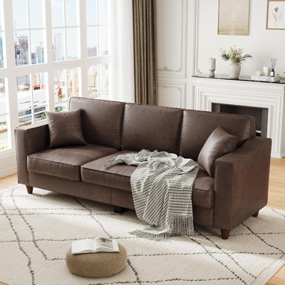 85" Dark Brown PU Leather 3-Seater Sofa Couch